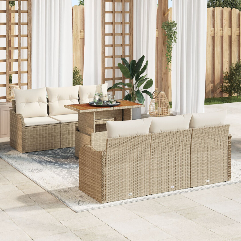 7-delt hagesofa sett med puter Beige Poly Rottings Acacia, 2-seters hagesofa med puter Beige Poly Rottings