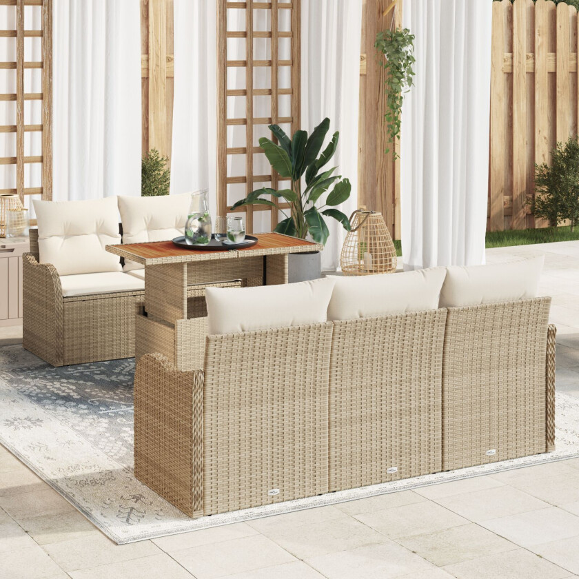6 Delt Hagesofa Set med Puter Beige Poly Rattan Akasietre, 2-seter Hagesofa med Puter Beige Poly Rattan