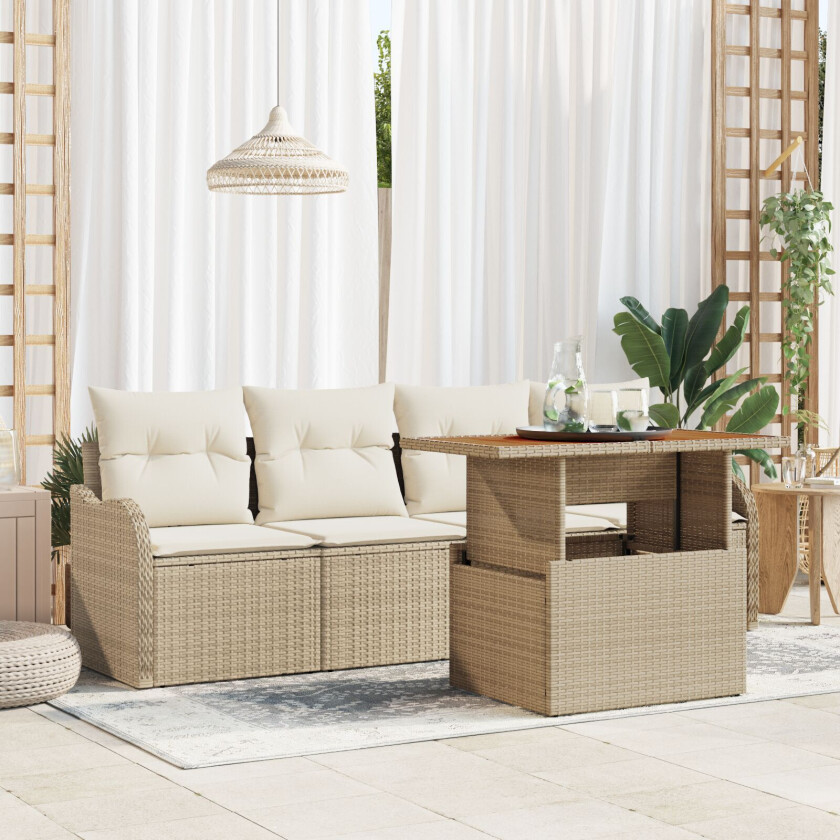 5 Delers Hagesofa Set med Puter Beige Poly Rottning Akacia, 2-seter Hagesofa med Puter Beige Poly Rottning