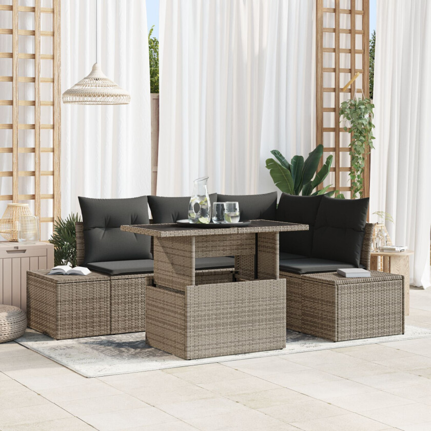 5 Delt Hage Sofa Sett med Puter Grå Poly Rotting