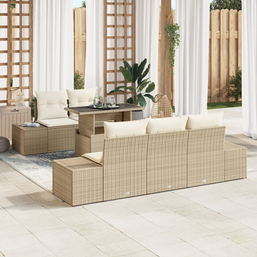 6 Deler Hagesofa Set med Puter Beige Poly Rotting