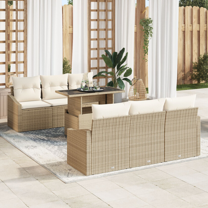 7-delers hagesofa-sett med puter Beige Poly Rattan