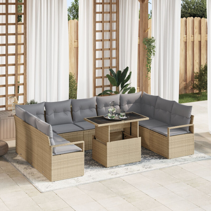 10 Delers Hagesofa Set med Puter Beige Poly Rott, 2-seters Hagesofa med Puter Beige Poly Rott