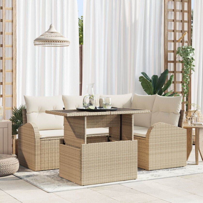 5 Delt Hage Sofa Sett med Puter Beige Polyrattan