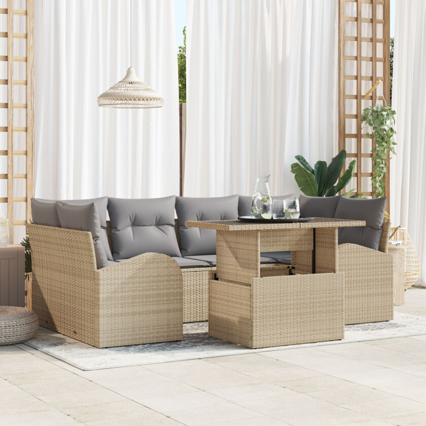 7 delt hagesofa-sett med puter beige poly rotting