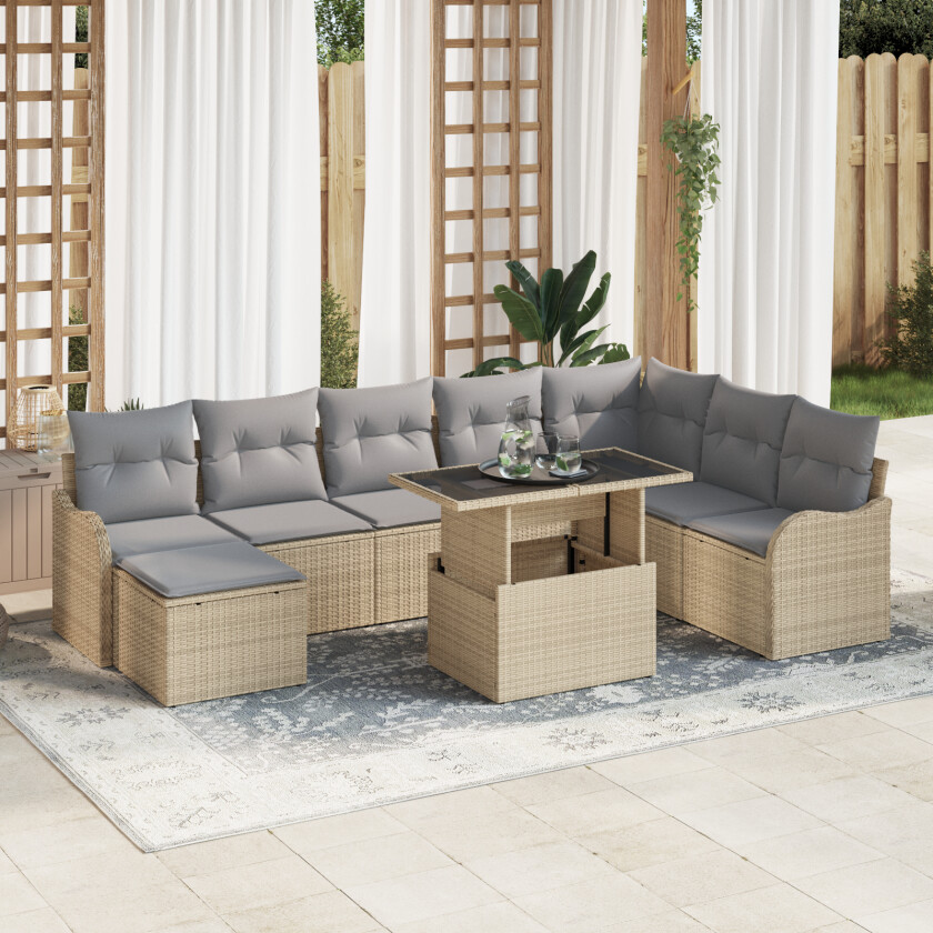 9 delers hage sofa sett med puter beige poly rattan, 2-seters hage sofa med puter beige poly rattan