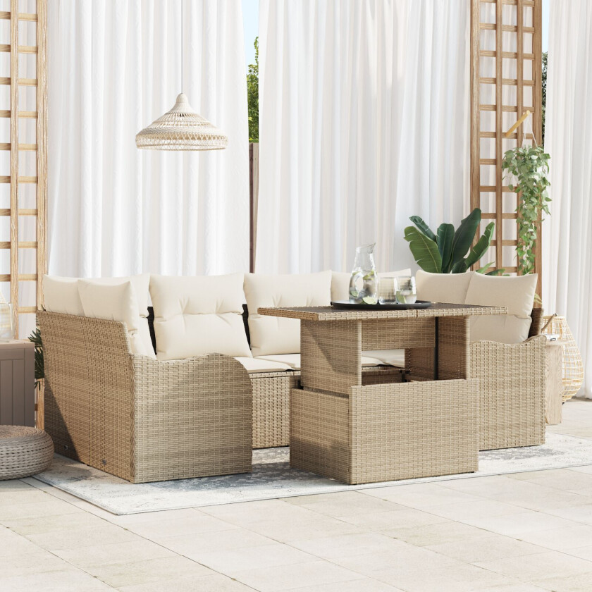 7 deler hage sofa sett med puter beige poly rattan, 2-seters hage sofa med puter beige poly rattan