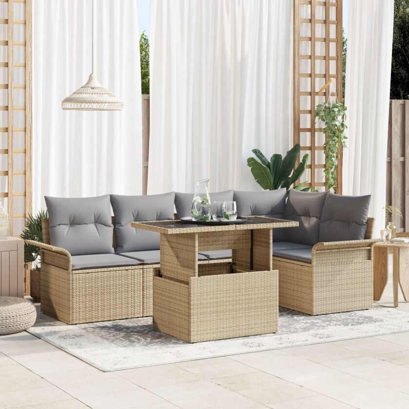 6 Delt Hagesofa Set med Puter Beige Poly Rotting