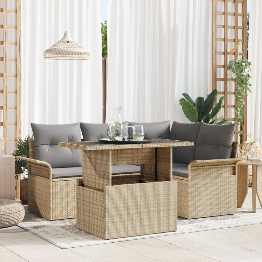 5 deler Hagesofa Set med puter Beige Poly Rattan