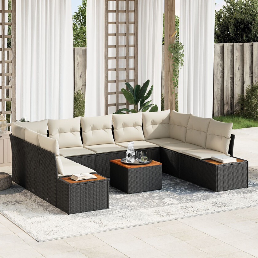 10-delt Hage Sofa Set med Puter Svart Poly Rattan Akacia