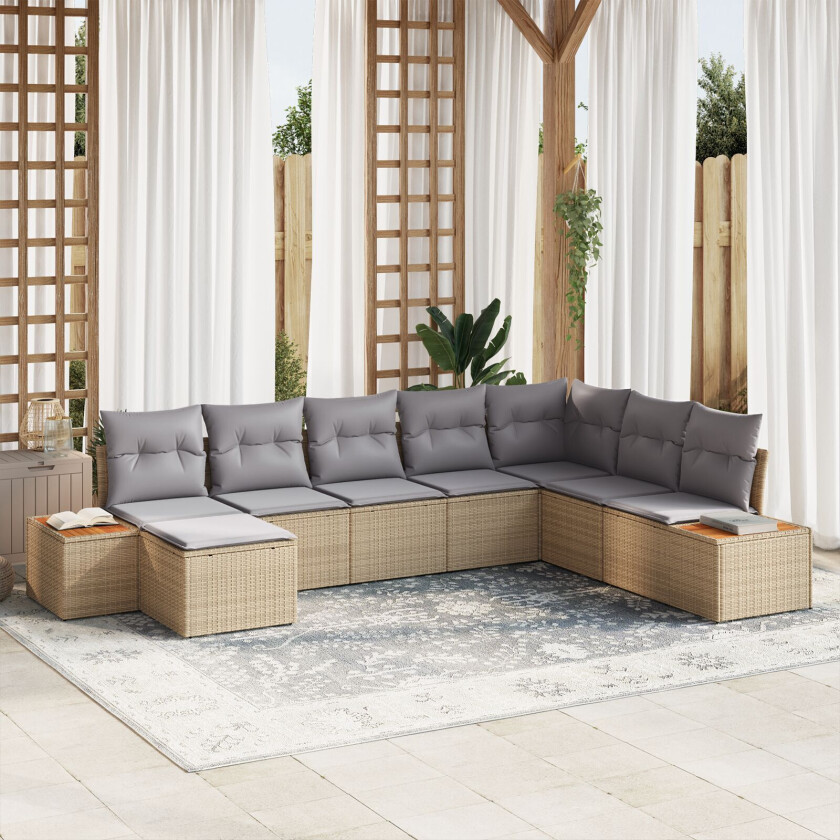 8 Delers Hagesofa Set Med Puter Beige Poly Rattan Akacia
