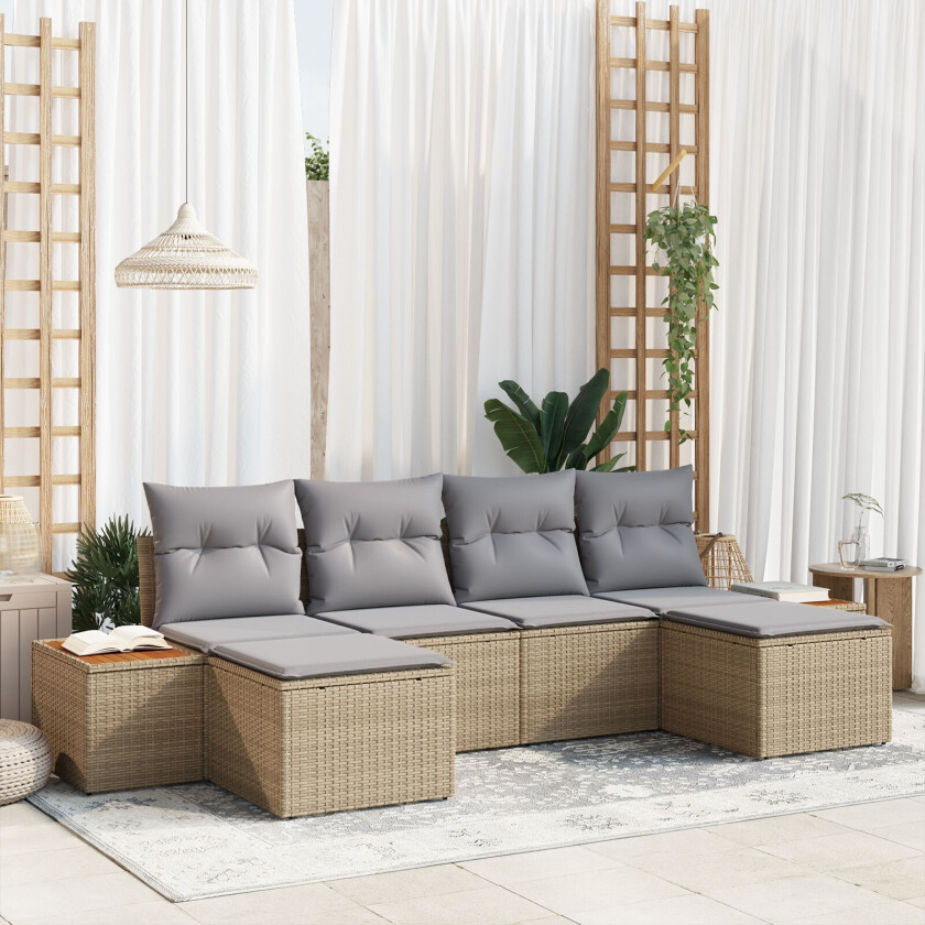 6 Delers Hage Sofa Sett med Puter Beige Poly Rattan Akasie