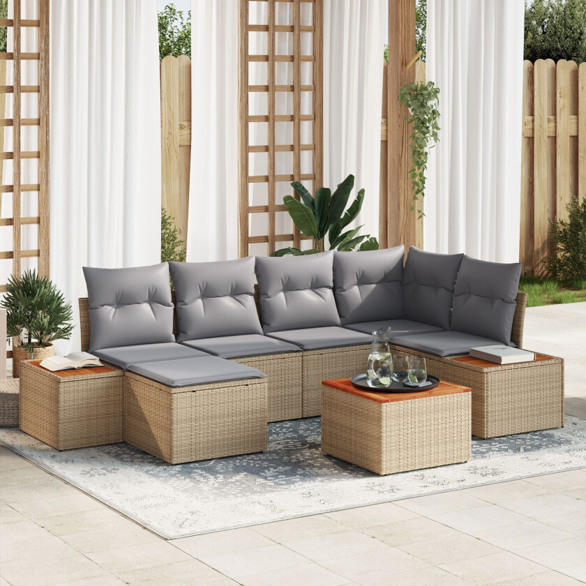 7-delt Hagesofa Set med puter Beige Poly Rottning Akasiatre
