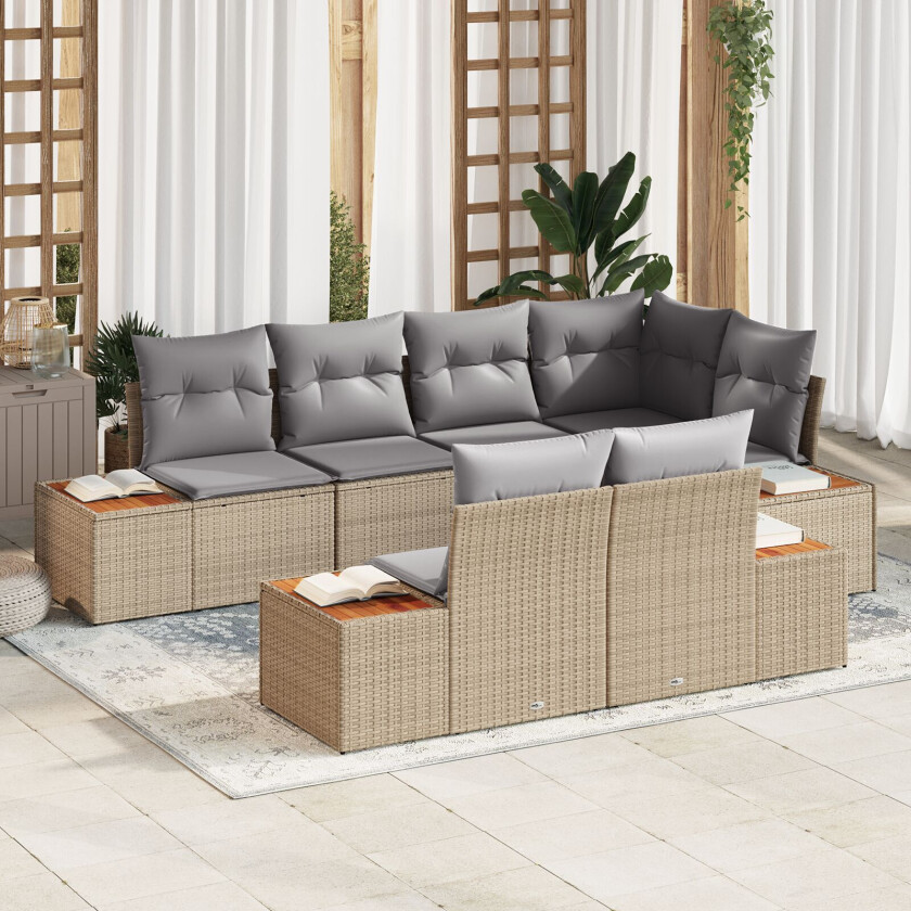 7 Delt Hage Sofa Set med Puter Beige Poly Rattan Akasie