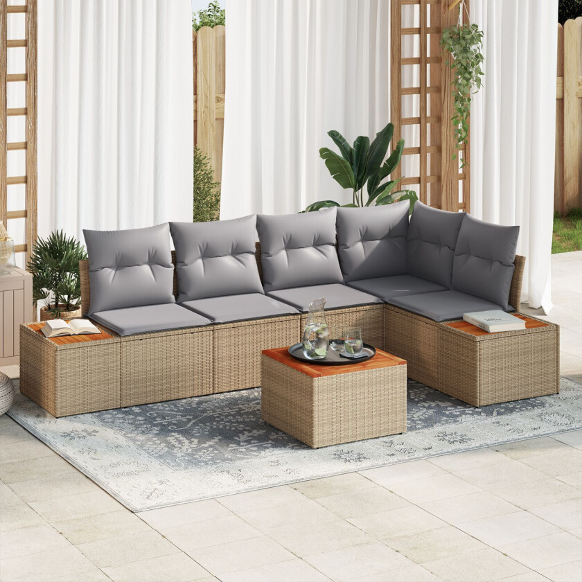 6-delt Hagesofa Set med Puter Beige Poly Rattan Akasie