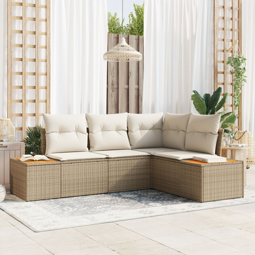4 Delt Hage Sofa Sett med Puter Beige Poly Rottning Akasie