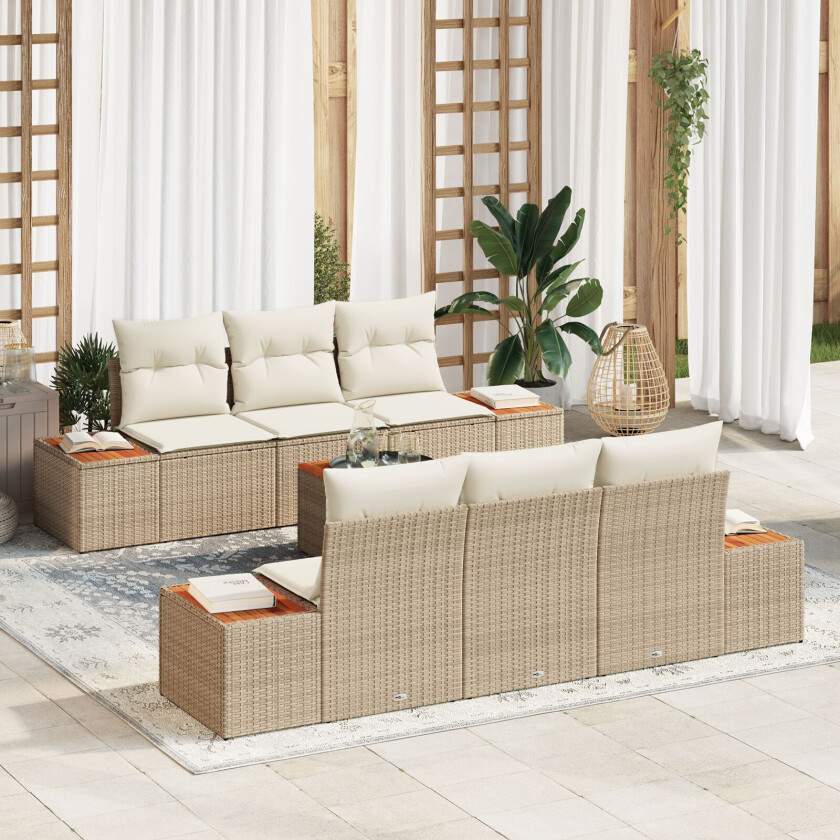 7 Delt Hage Sofa Set med Puter Beige Poly Rattan Akacia