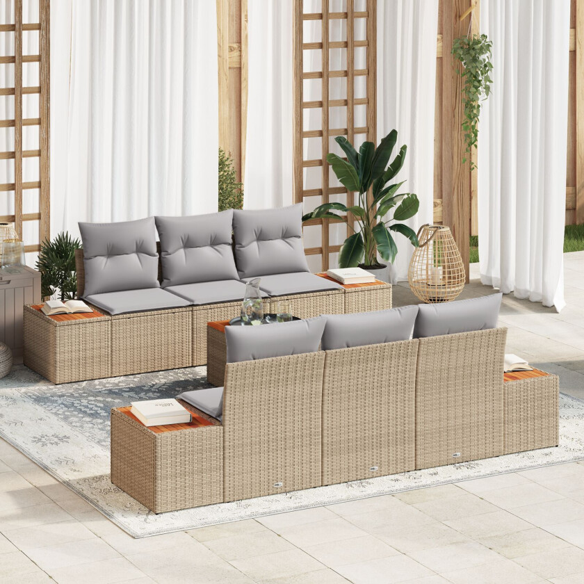 7-delt hage sofa sett med puter Beige Poly Rattan Akacia