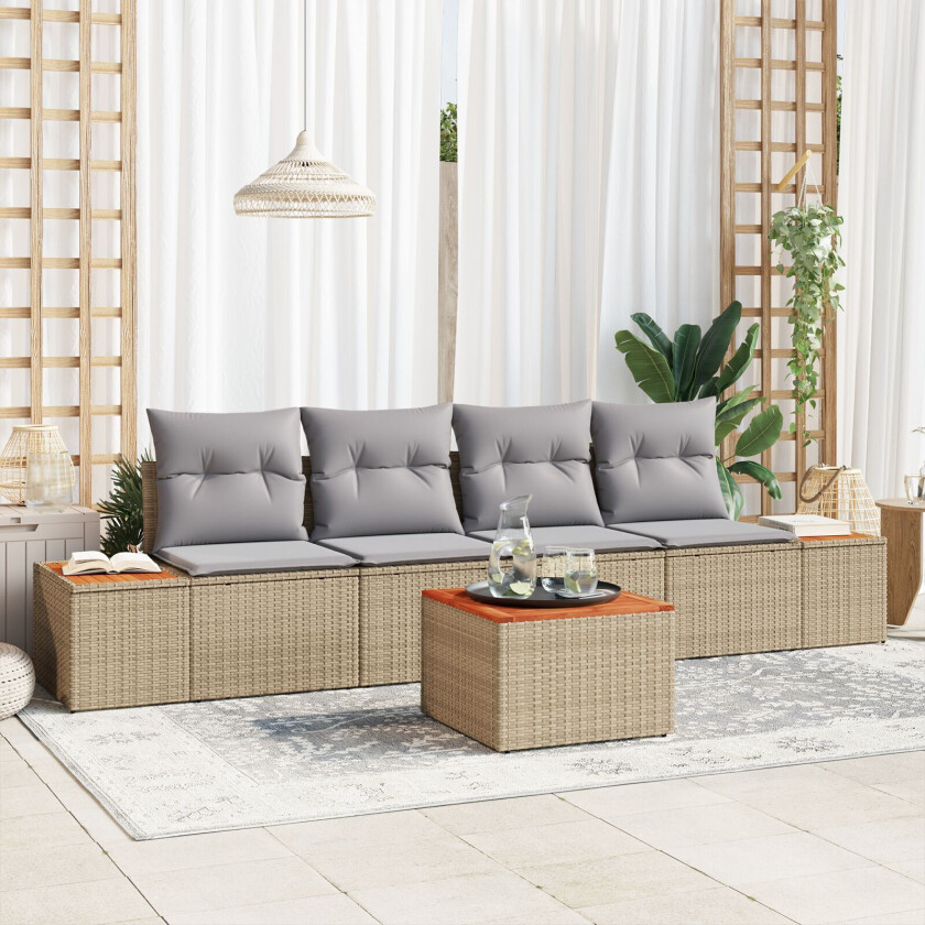 5 delers Hagesofa Sett med Puter Beige Poly Rattan Akasie