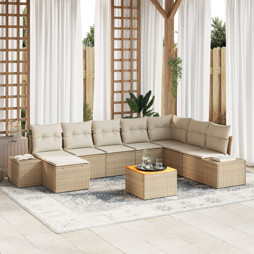 9 Dels Hage Sofa Set med Puter Beige Poly Rattan Akacia