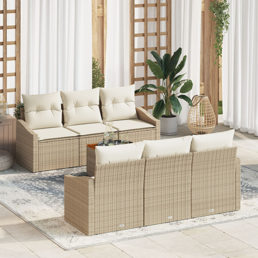 7-delt hagesofa sett med puter beige polyrotting akasie