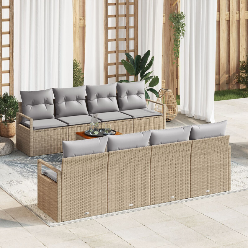 9-delt Hage Sofa Sett Med Puter Beige Poly Rattan Akasie, 2-seters Hage Sofa Med Puter Beige Poly Rattan