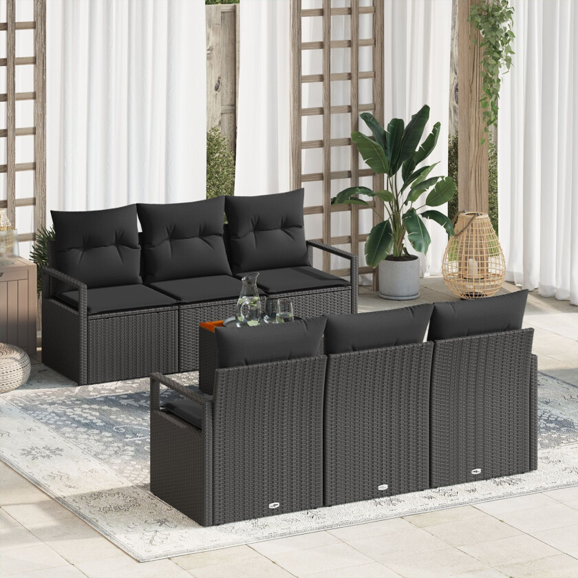7 Delt Hagesofa Set Med Puter Svart Poly Rattan Akacia, 2-Seters Hagesofa Med Puter Svart Poly Rattan