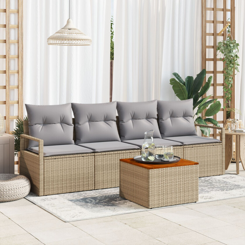 5-delt Hage Sofa Sett med Puter Beige Poly Rattan Akacia, 2-seters Hage Sofa med Puter Beige Poly Rattan