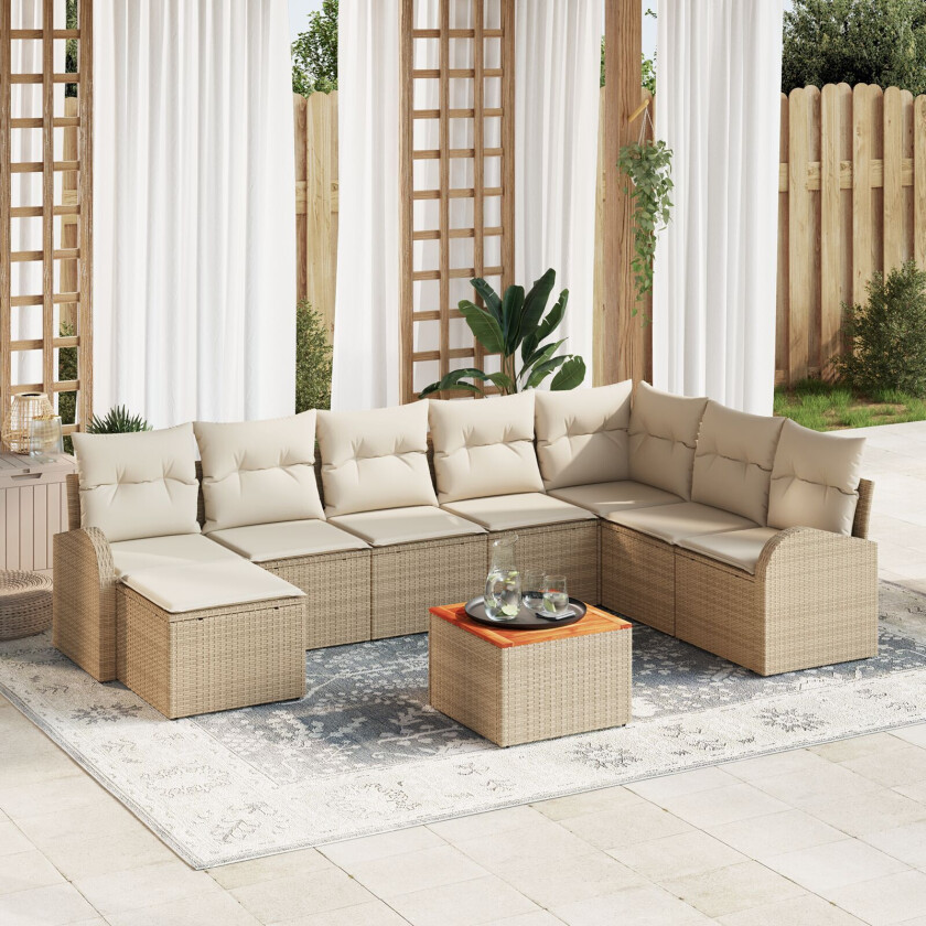 9 Delt Hage Sofa Set Med Puter Beige Poly Rattan Akacia