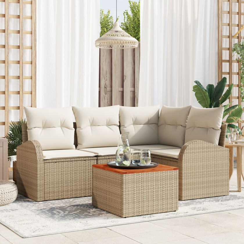 5-delt Hagesofa Set med Puter Beige Polyrotting Akasie