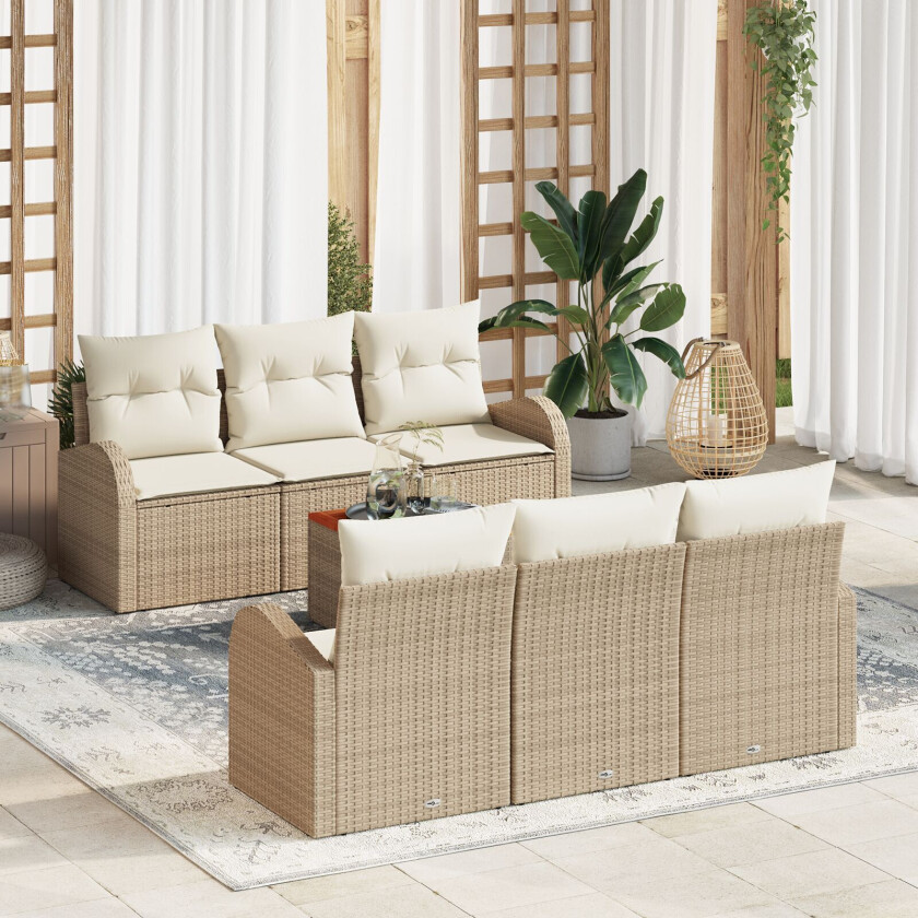 7 Delt Hagesofa-sett med Puter Beige Poly Rattan Akacia