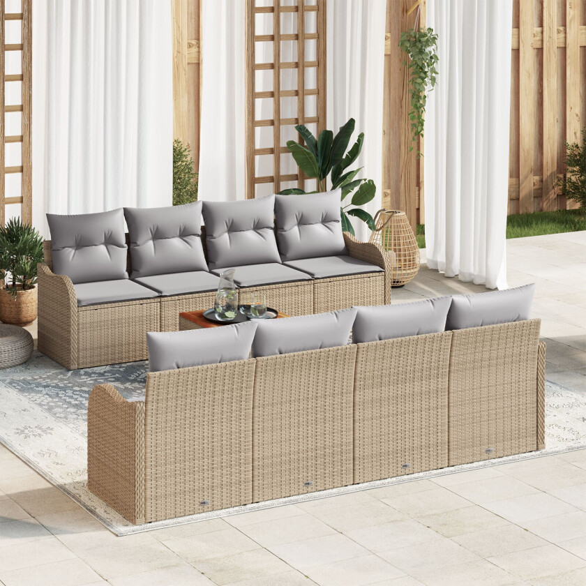 9-delt Hagesofa Set med Puter Beige Poly Rattan Akasie, 2-seters Hagesofa med Puter Beige Poly Rattan