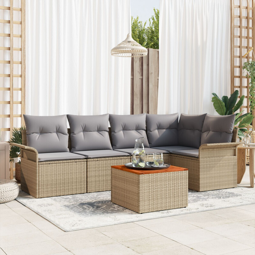 6 Deler Hage Sofa Set med Puter Beige Poly Rottning Akasie