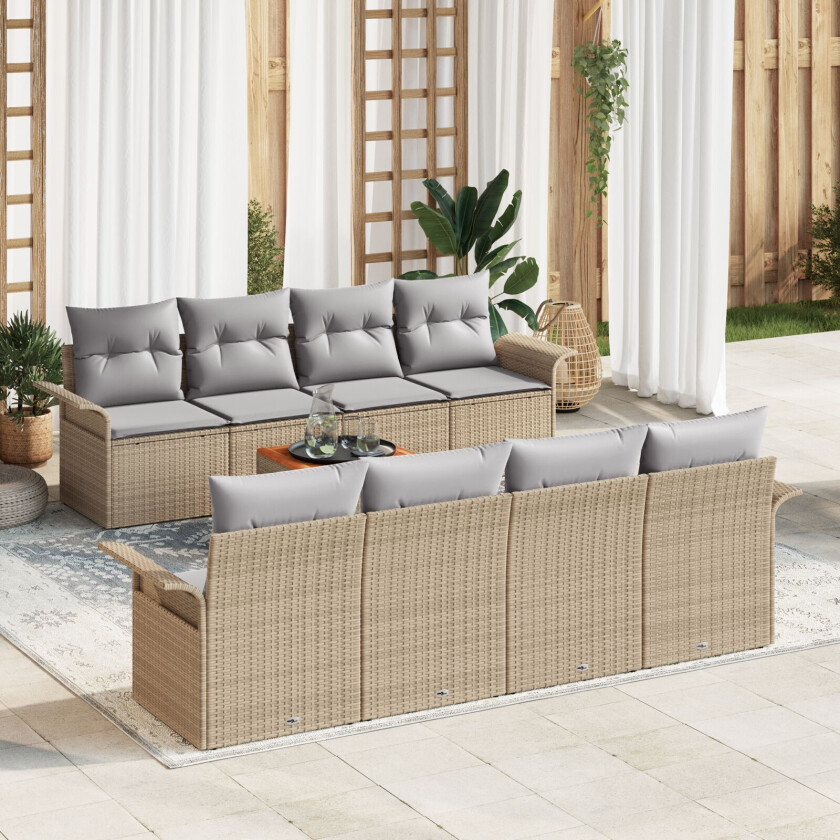 9-delt hagesofa-sett med puter beige poly rattan akacia