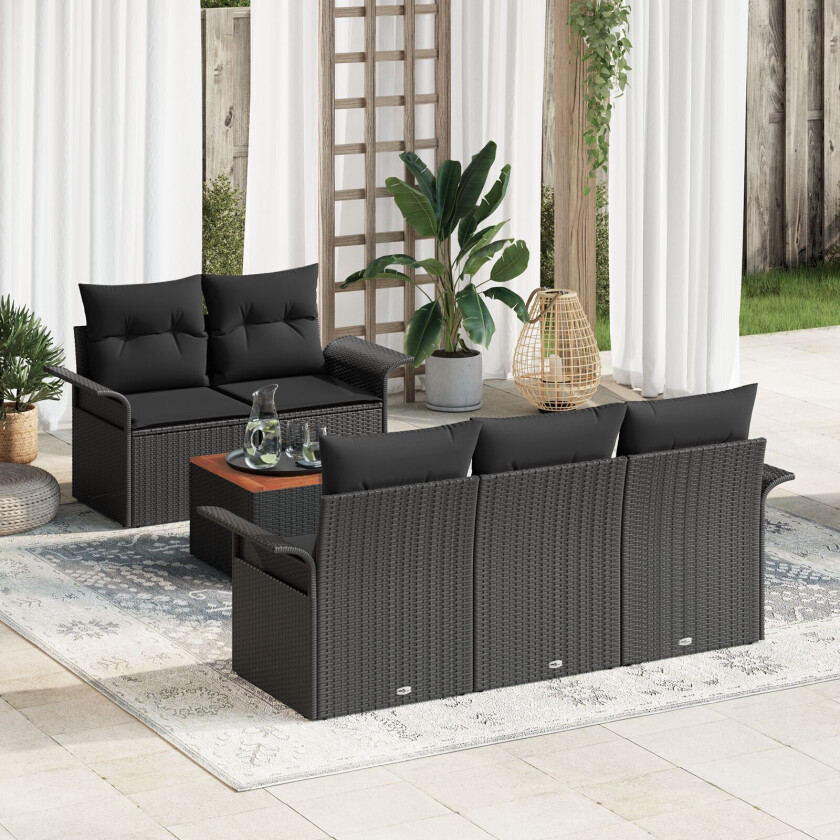 6 Delt Hage Sofa Set Med Puter Svart Poly Rattan Akacia