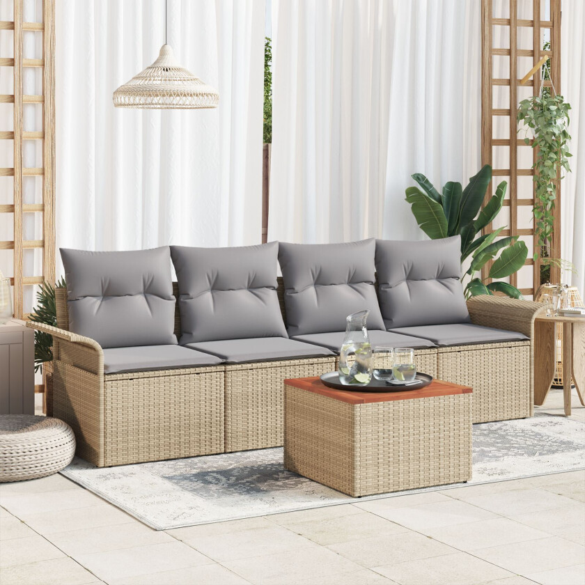 5-delt hagesofa-sett med puter Beige Poly Rattan Akacia