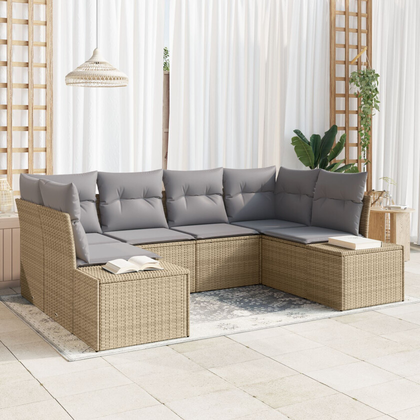 6-delt Hagesofa Sett med Puter Beige Poly Rattan