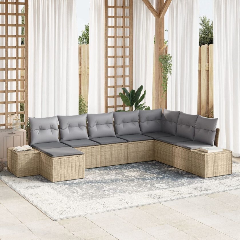 8 Delt Hage Sofa Sett med Puter Beige Poly Rattan