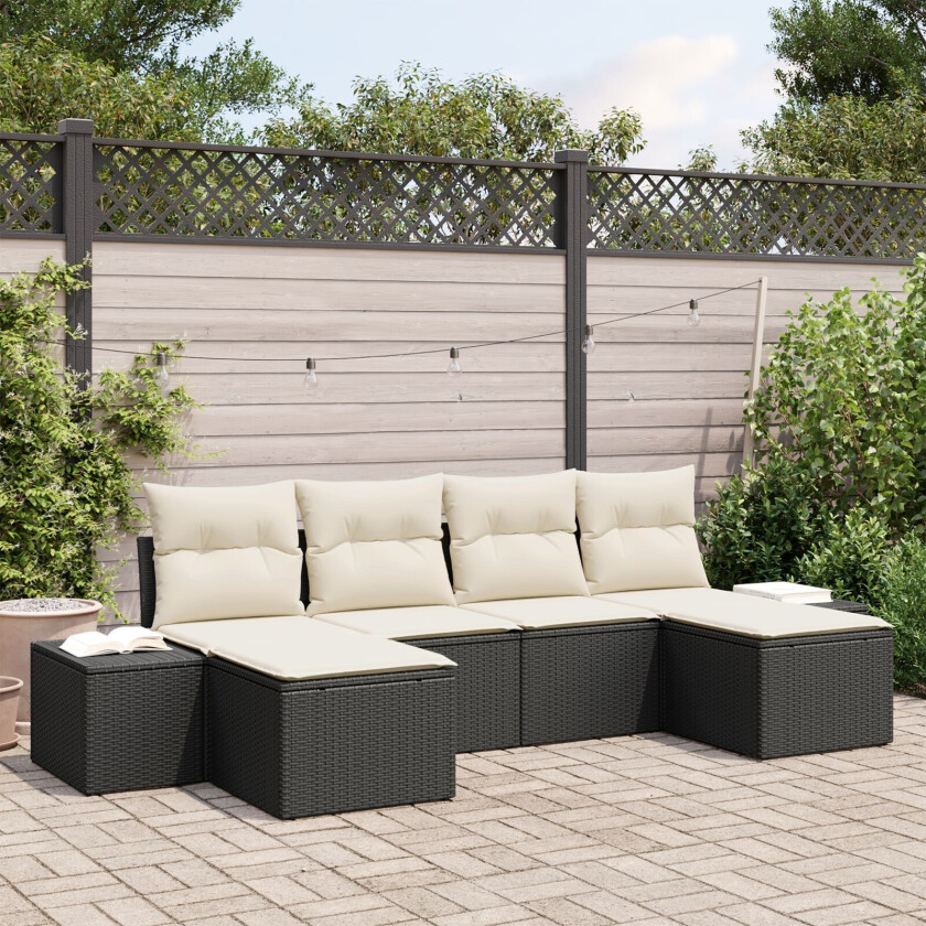 6-delt Hagesofa Set med puter Svart Poly Rattan