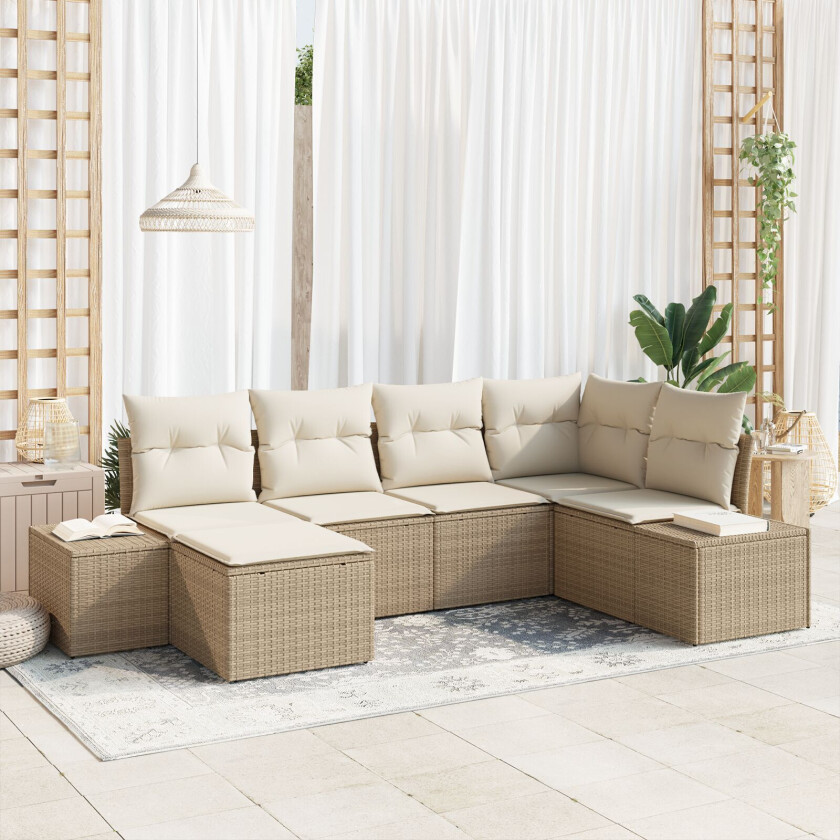 6-delt hagemøbelsett med puter - Beige poly rotting
