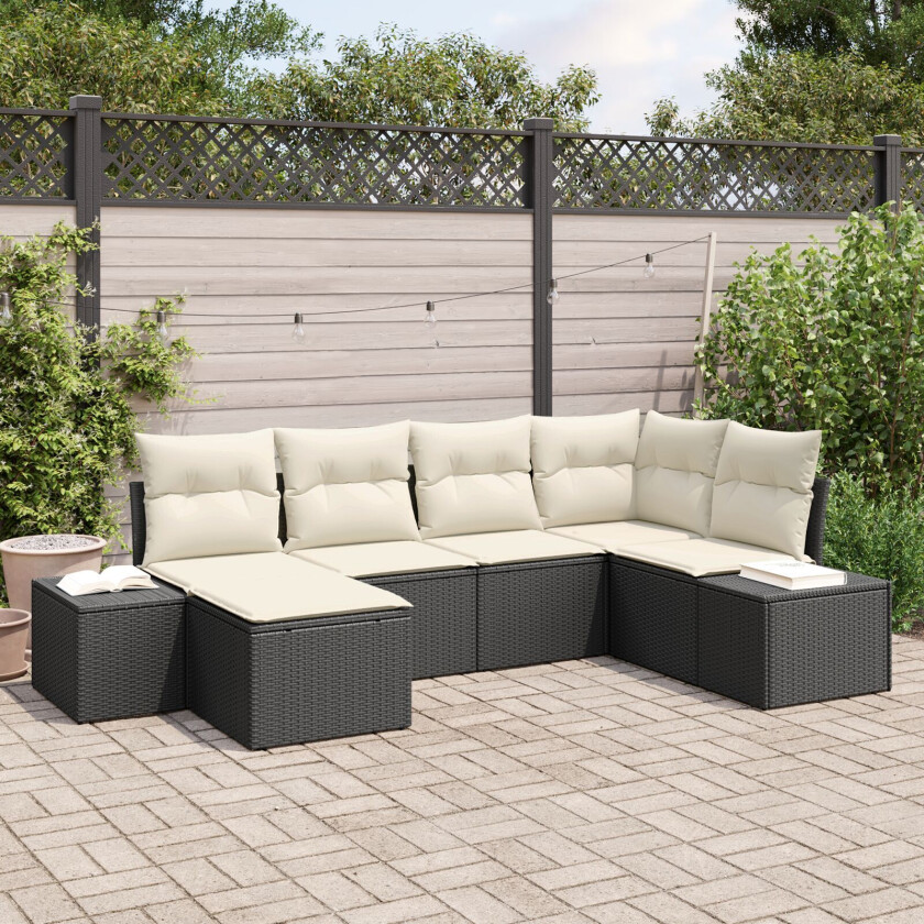 6 Deler Hagesofa-sett med Puter Svart Poly Rattan