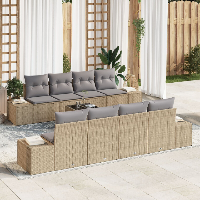 9-delt Hage Sofa Sett med Puter Beige Poly Rattan