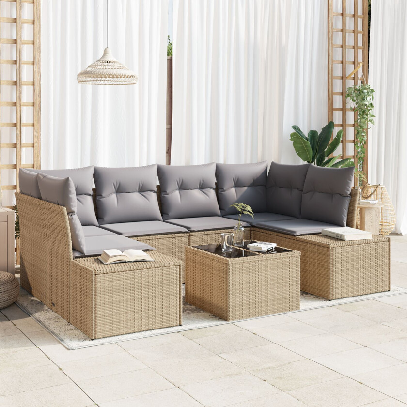 7-delers Hagesofa-sett med puter Beige Poly Rattan