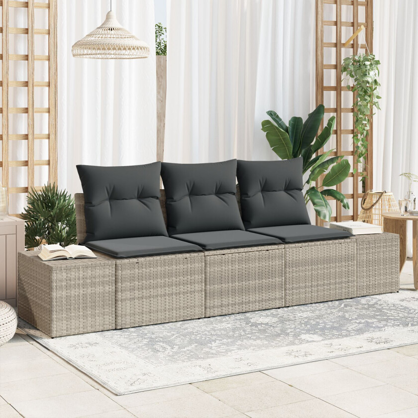 3 Dels Hagesofa Set Med Puter Lysegrå Poly Rattan