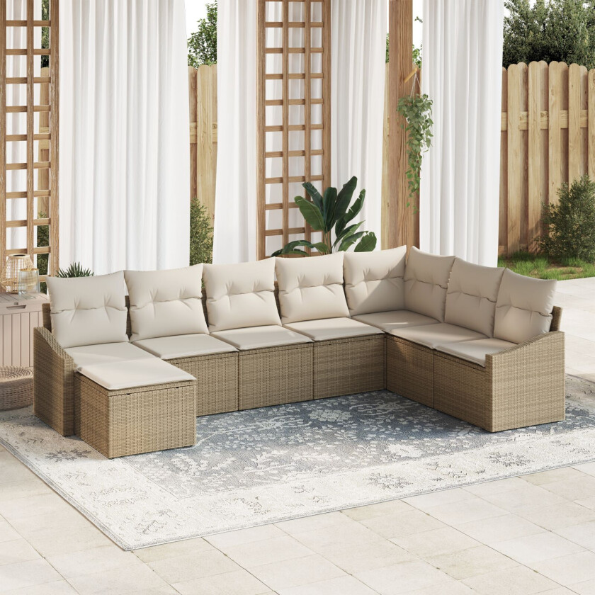 8 Delt Hagesofa Set Med Puter Beige Poly Rottning