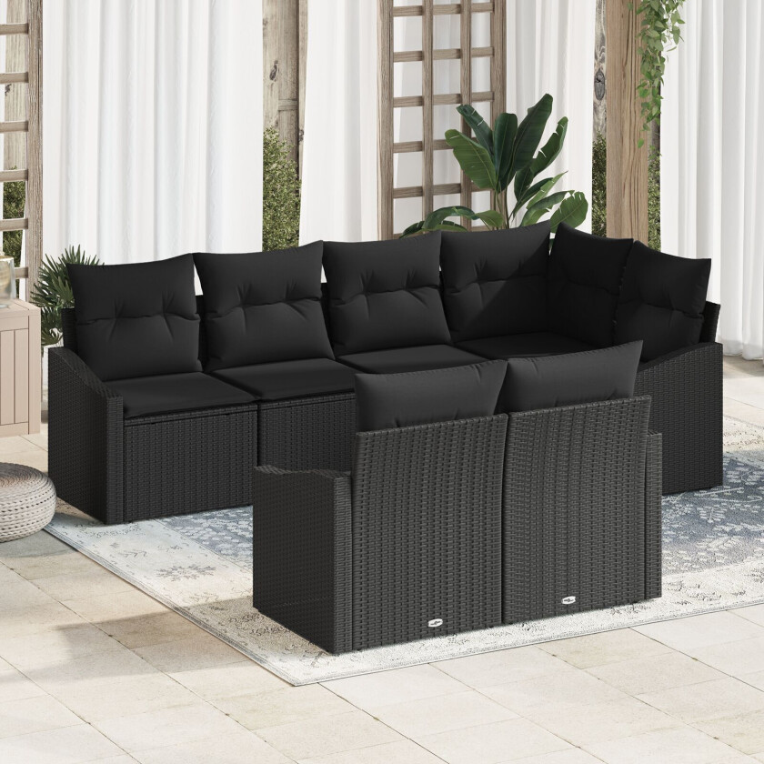 7-delers Hagesofa Set med Puter Svart Poly Rattan