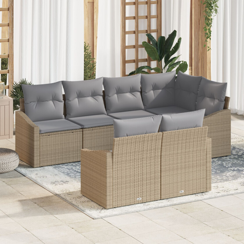 7-delt hagesofa-sett med puter Beige Poly Rattan