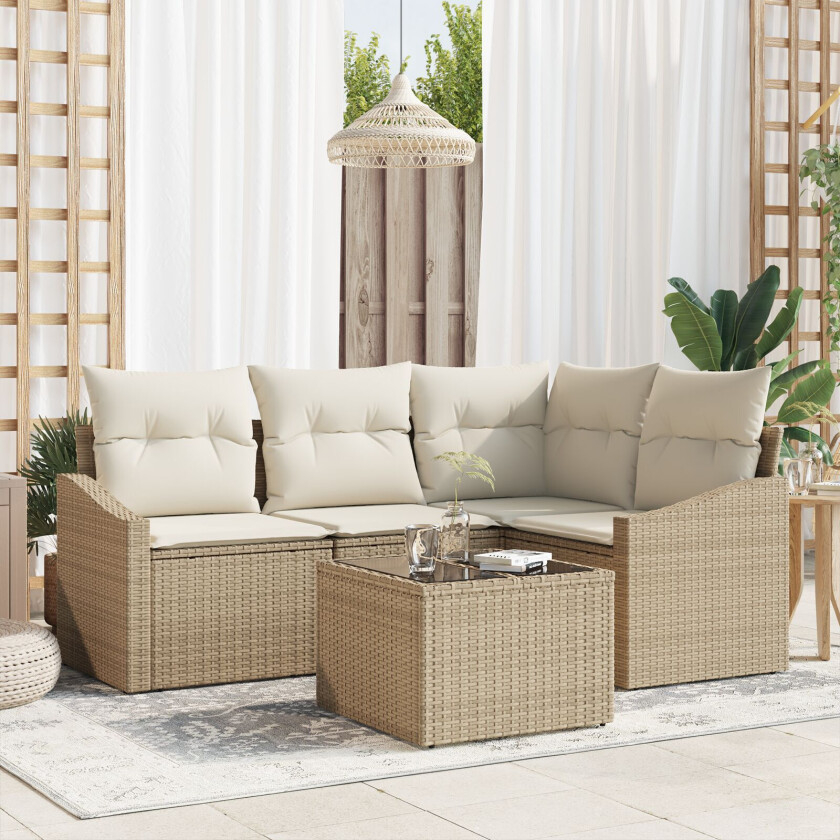 5 delt hage sofa sett med puter brun poly rotting