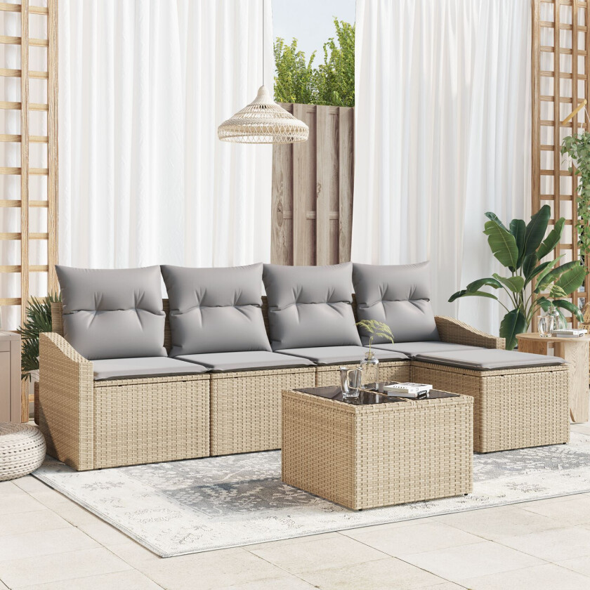 6 Delers Hagesofa Sett med Puter Sort Poly Rattan