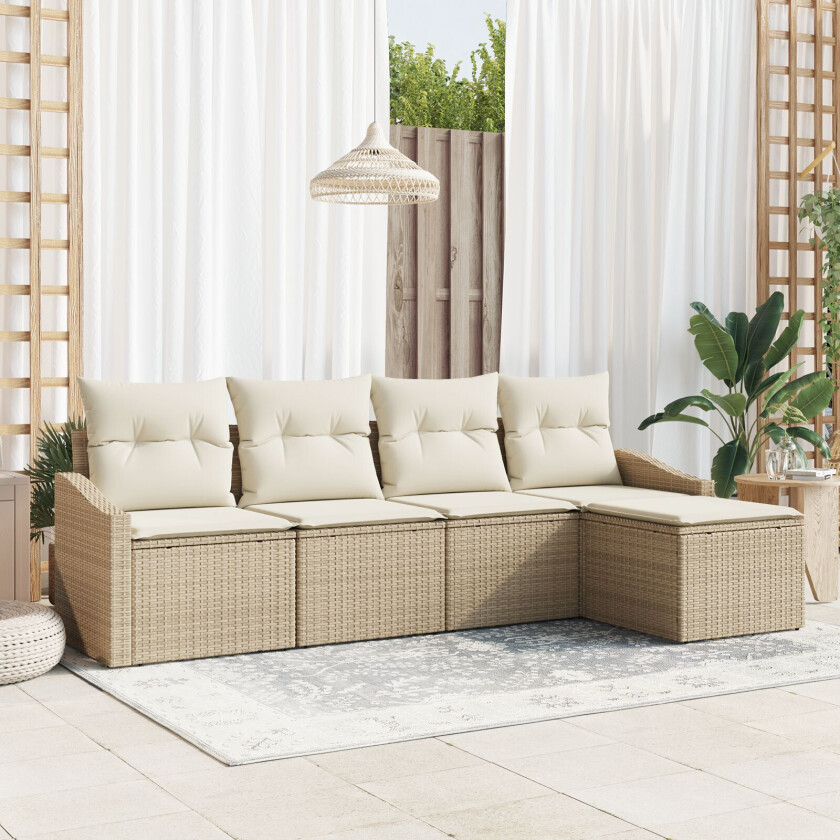 5 Delt Hage Sofa Sett med Puter Beige Poly Rattan